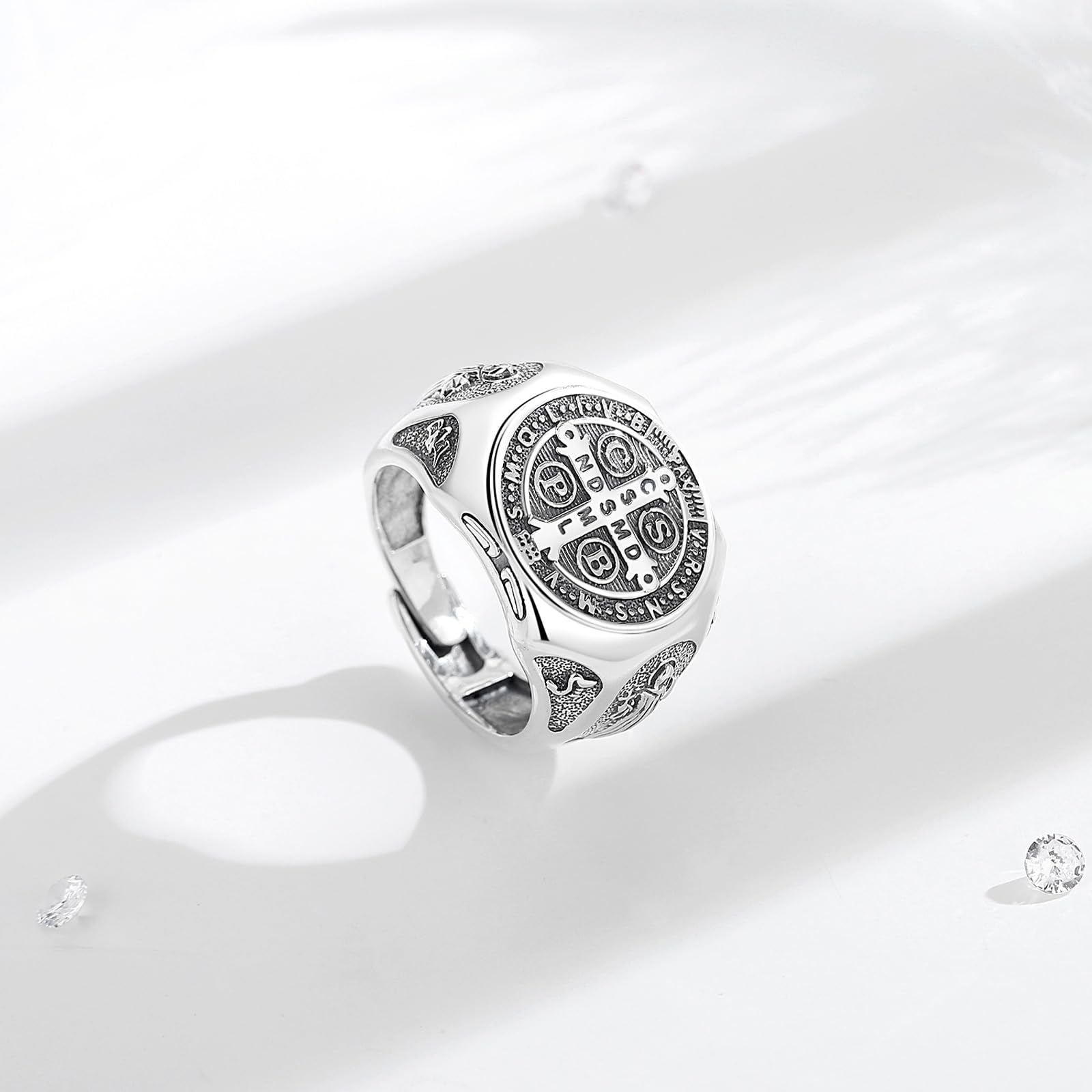 Anillo de Cruz/San Benito/Sello de los 7 Arcángeles/Cruz Ankh Plata de Ley S925 para Mujer Hombre, Ajustable Anillos Corazón de Jesús Abiertos Religión Regalo para Hombre Mujer