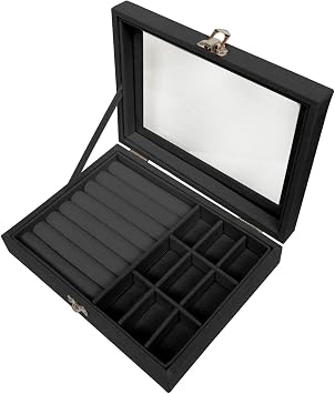 Clear Lid Velvet Jewelry Organizer Box with 9 Grids and 8 Slots for Rings Earrings Necklaces Tray Display Case, Black