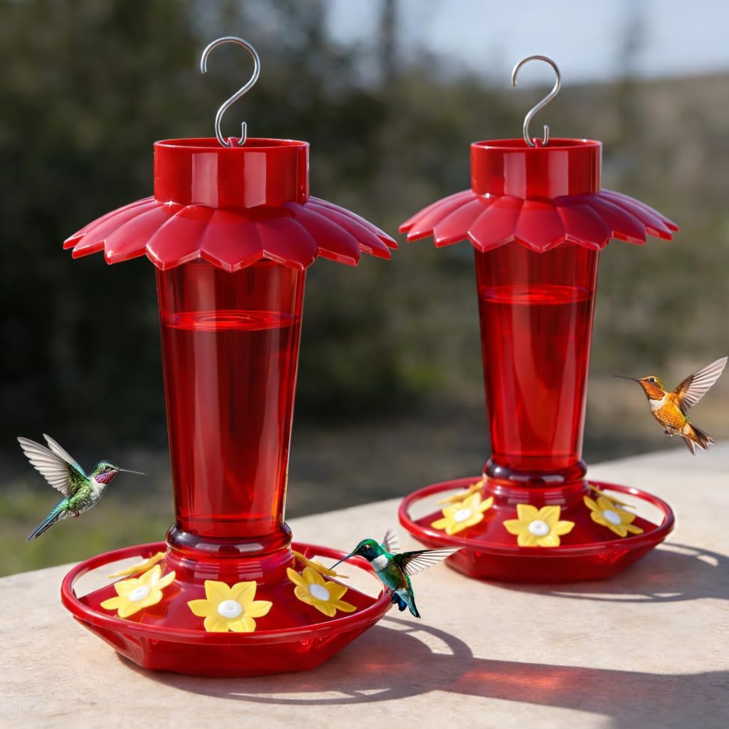 Fchstaer Plastic Hummingbird Feeders for Outdoors Hanging, 2 Pack 10 OZ Clear Humming Bird Feeder with 6 Feeding Ports and Perch, Built-in Ant Moat, Gifts for Women Garden Decor