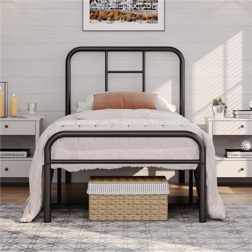 Yaheetech 3ft Single Bed Frames Metal Bed Frame with Headboard,Strong Iron Platform Bed for Bedrooms,Ground clearance: 32 cm/Black