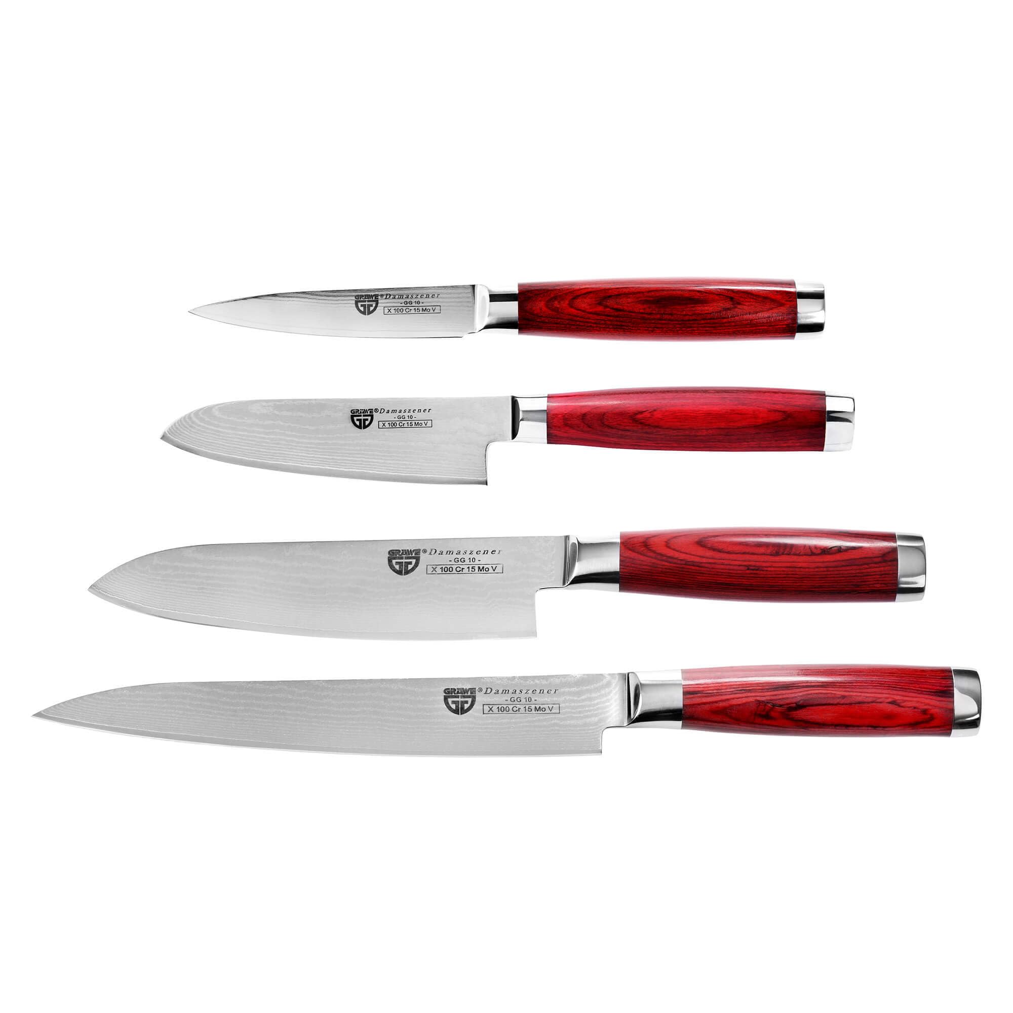 GRÄWE Juego de 4 cuchillos de Damasco Pakkawood, cuchillos de cocina profesionales: cuchillo multiusos Santoku, cuchillo de chef y fileteador, cuchillas afiladas, acero damasco de 66 capas, mango