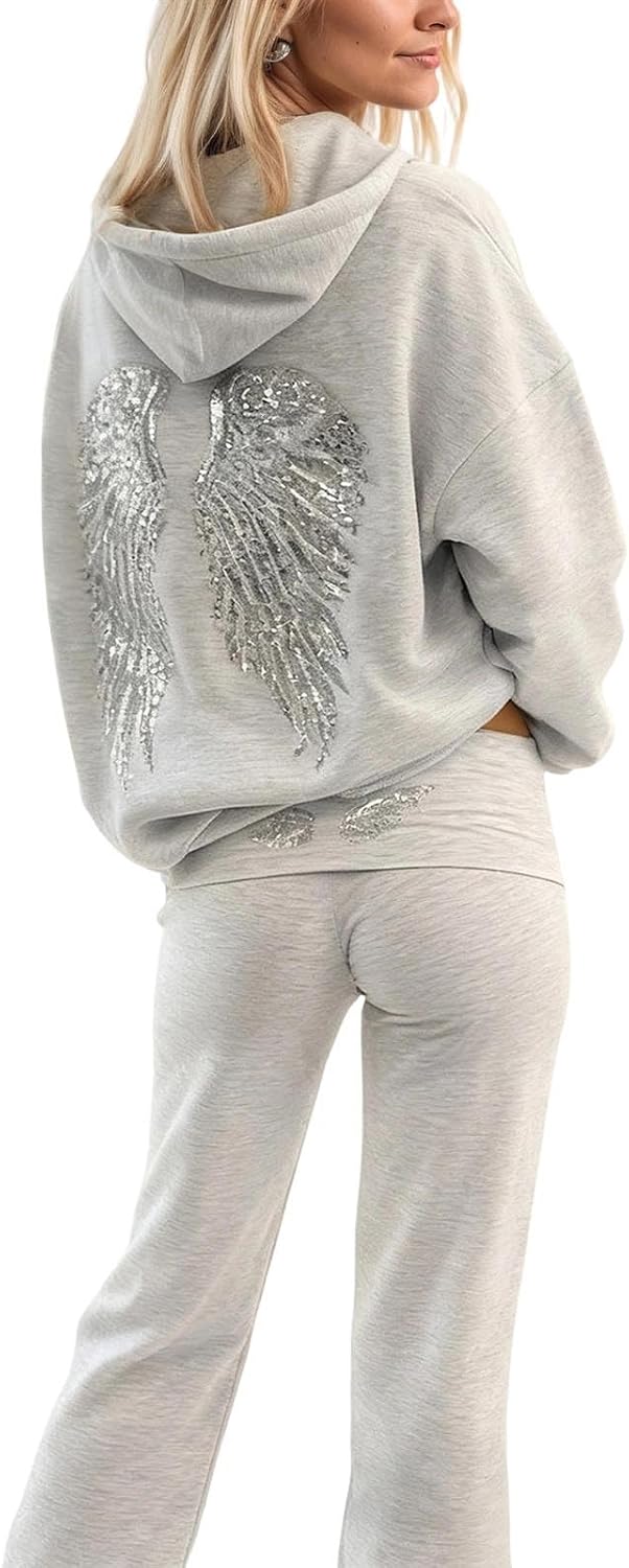 Women's Y2k Wings Graphic Oversized Hoodie Set Long Sleeve Drawstring Sweatshirt with Pocket for Party Night Out