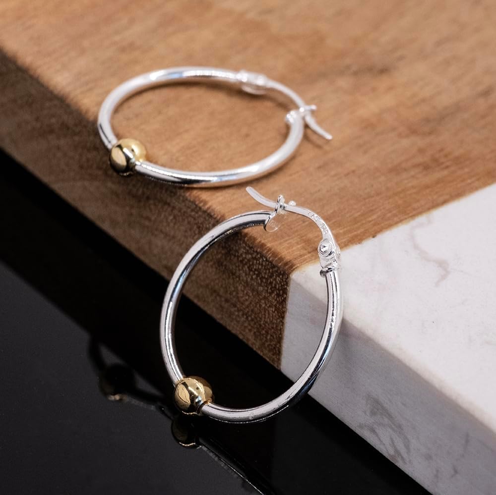 Hoops & Loops 925 Sterling Silver Ball Bead Accent Click-Top Hoop Earrings for Women Men, 12mm, 15mm, 18mm, 25mm | Silver, Yellow & Rose Gold - Image 5