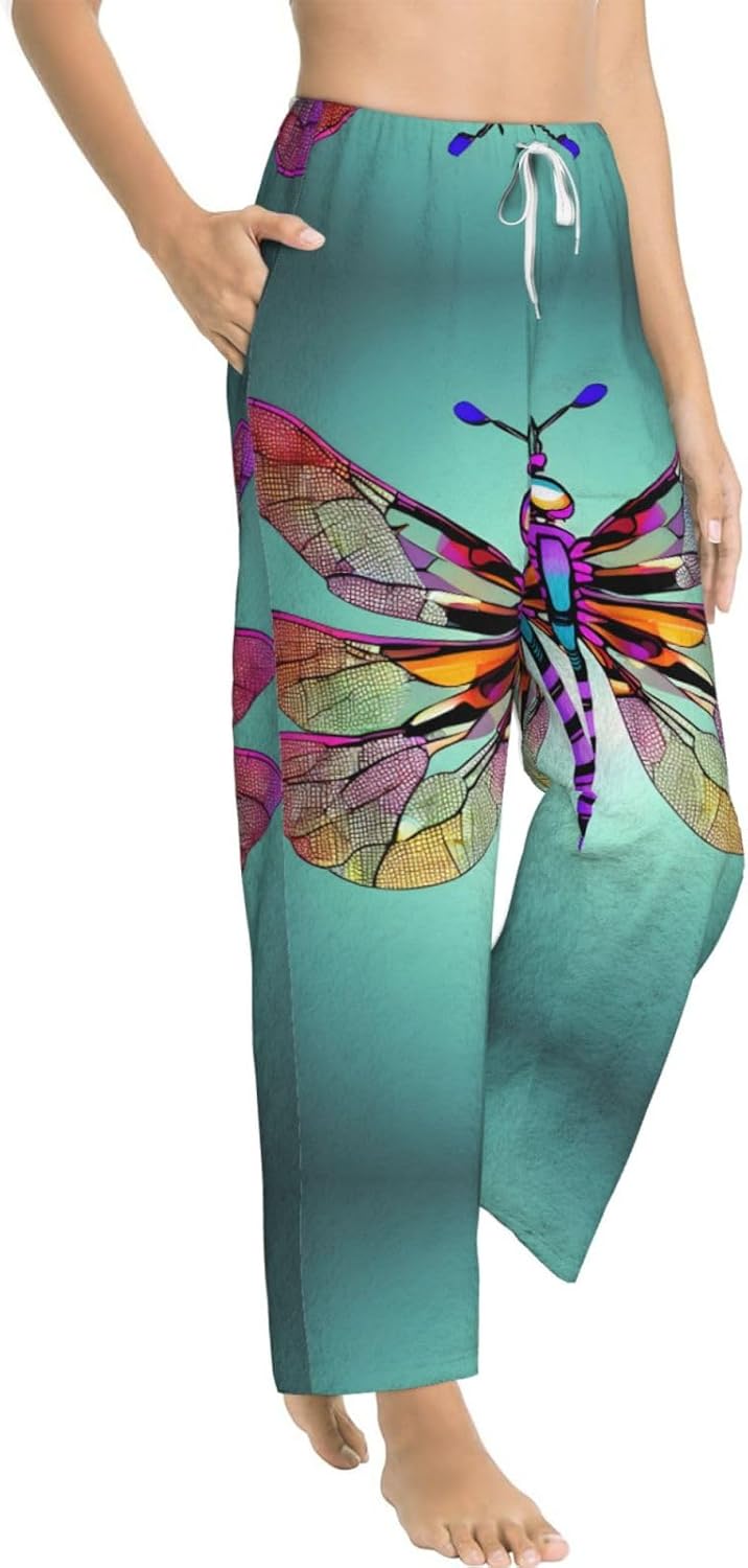 Cute Dragonfly Pattern Print Cozy Christmas Pajama Pants,Flannel Pajama Bottoms,Cater To Various Body Types