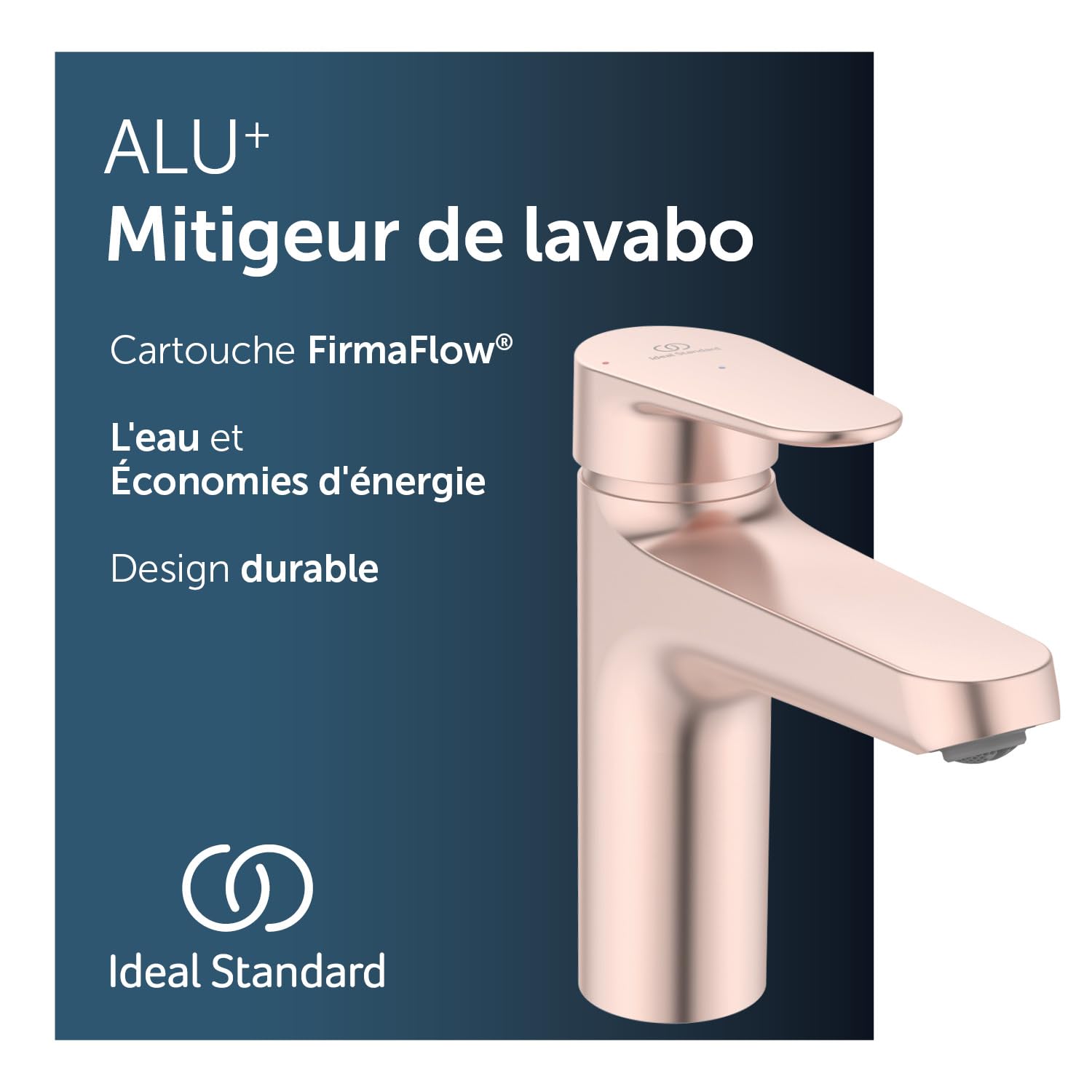 Ideal Standard – Alu+ Mélangeur de lavabo, 120 mm projection de jet, Redresseur de flux, économie d'eau, technologie Blue Start, système FirmaFlow, éléments de base en aluminium, Rosé