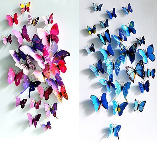 12 pcs Purple + 12 pcs Blue 3D Butterfly Stickers Random Mixed Home Decoration Removable 3D Vivid Man-Made Butterfly Art DIY Decor Wall Stickers for Wall Decor Kids Room Bedroom Living Room