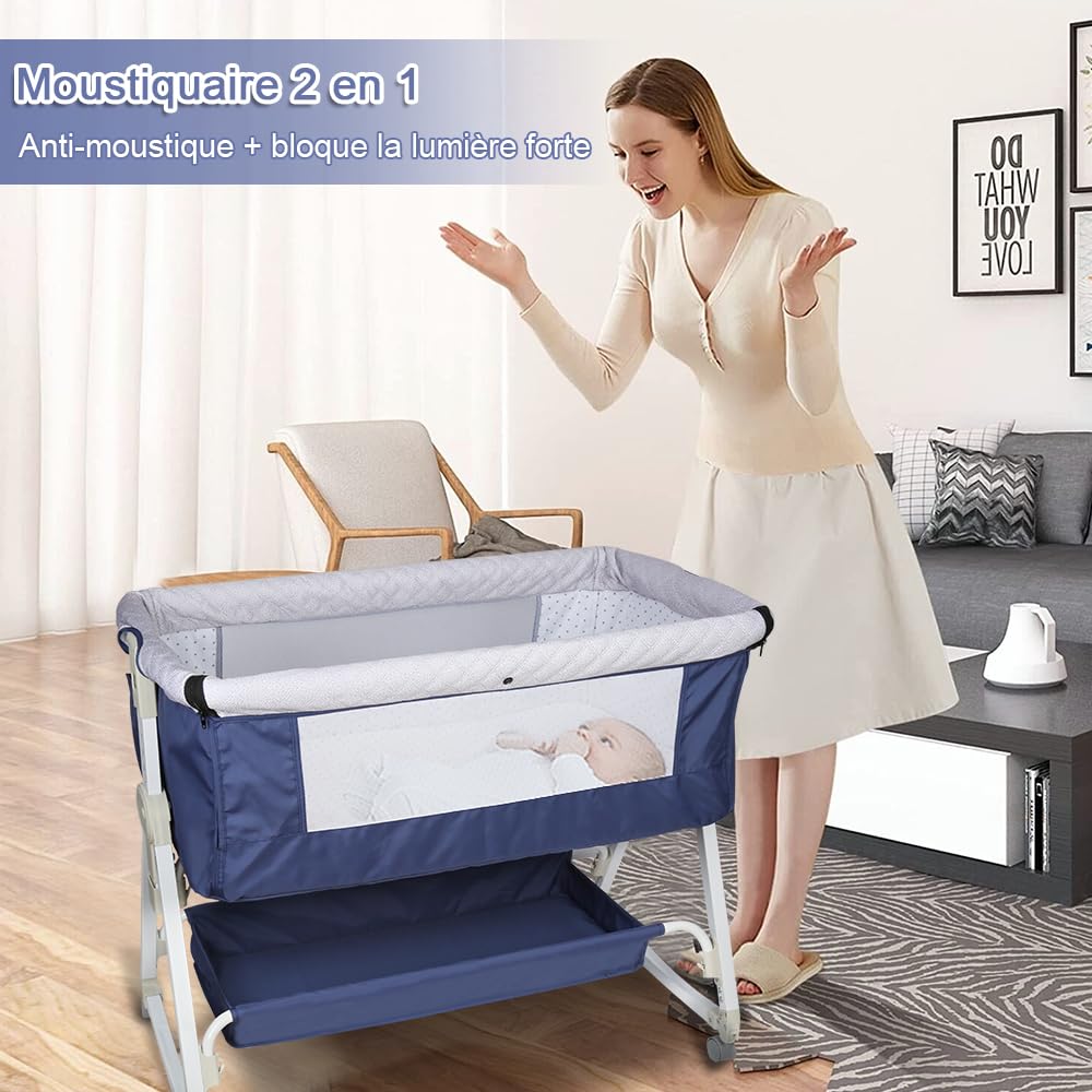 homewell 2 en 1 Lit Cododo Bebe Pliable, Berceau Cododo 0-30 Mois, 6 Réglages de Hauteur, Berceau bébé Mobile Lit d'Appoint, Grand Panier, Apportez UNE moustiquaire (Bleu Marine, 95 * 50*(98-110) cm)