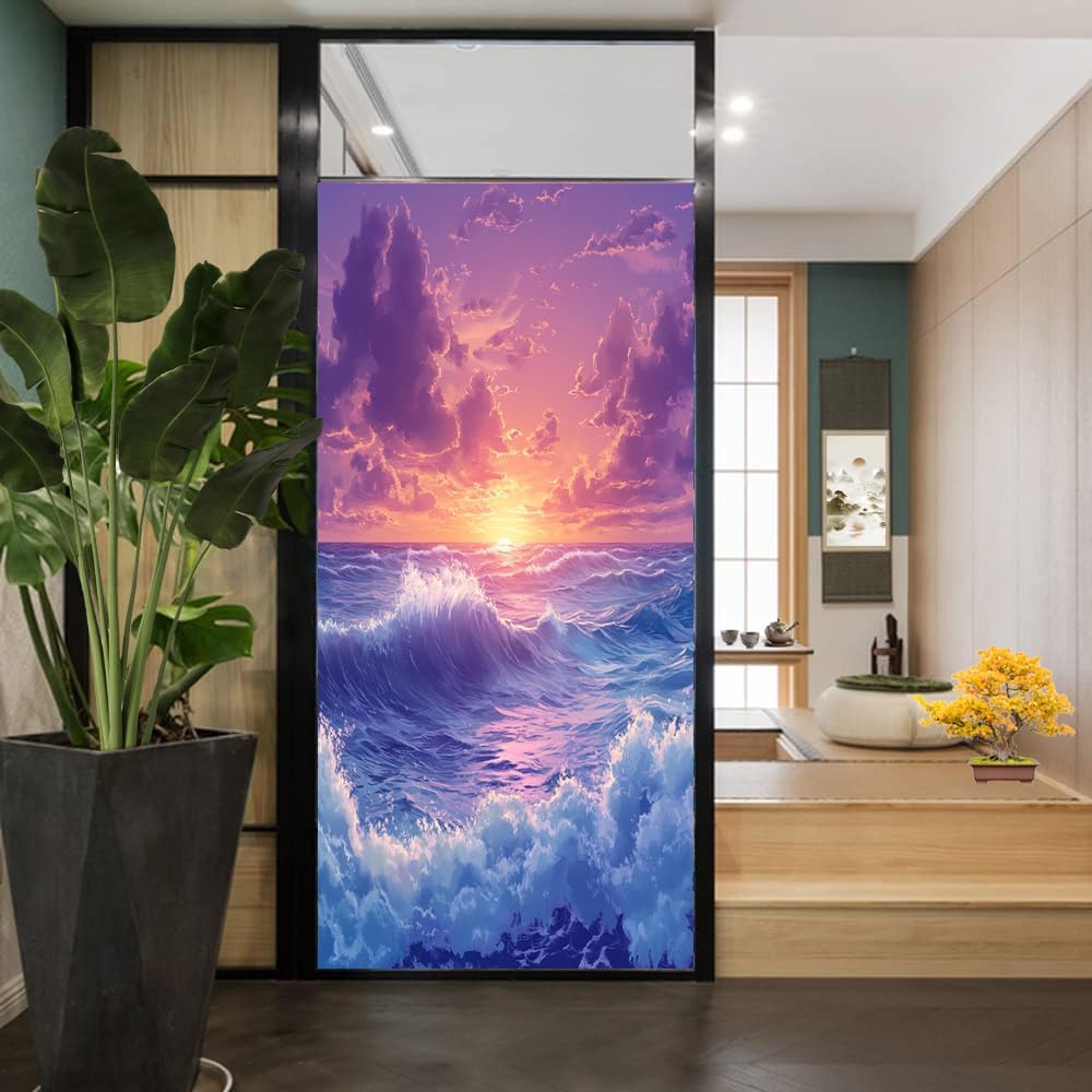 Colorful Waves Stained Glass Window Stickers Modern Sunset Beautiful Ocean Painting Privacy Window Film Glass Door Covering Self-Adhesive Decals for Bathroom Kitchen 23.6Wx35.4L inch