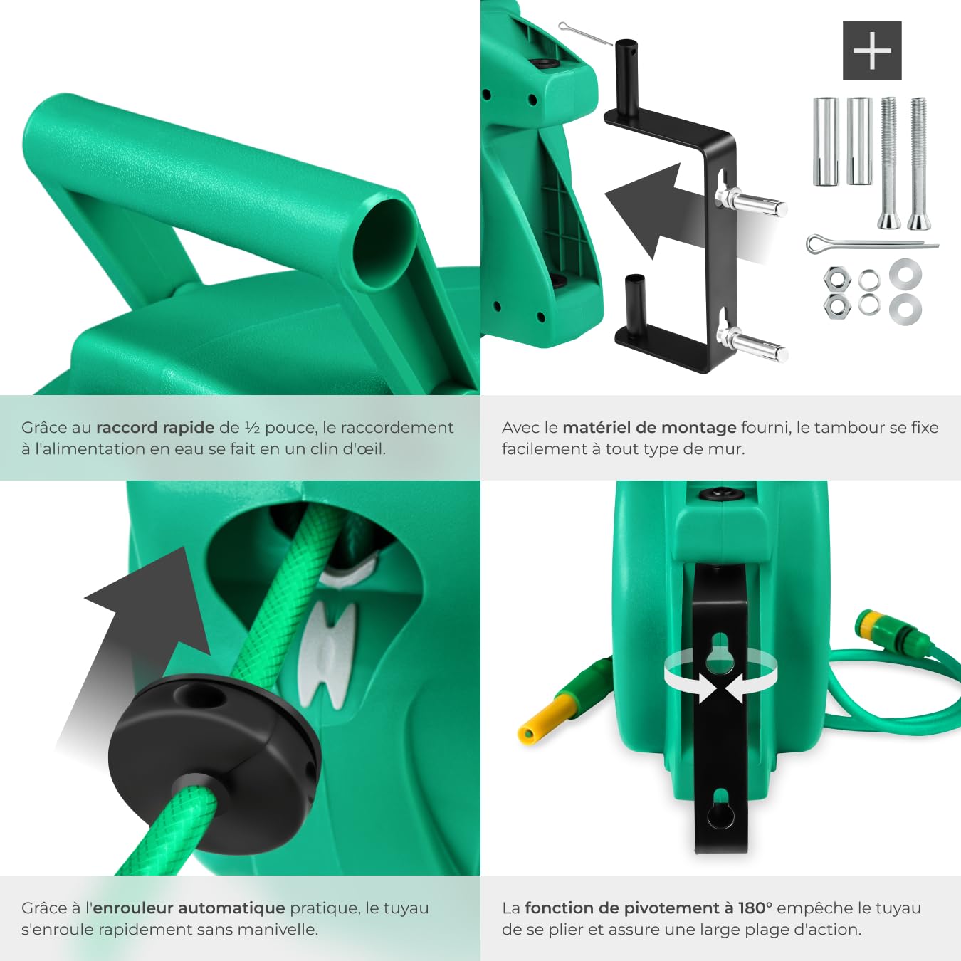 tectake® Enrouleur tuyau arrosage Dévidoir mural Enroulage automatique régulier avec guidage Tuyau arrosage 10m et Lance à eau inclus, Support mural pivotant à 180°, Dévidoir Jardin Jardinage Terrasse