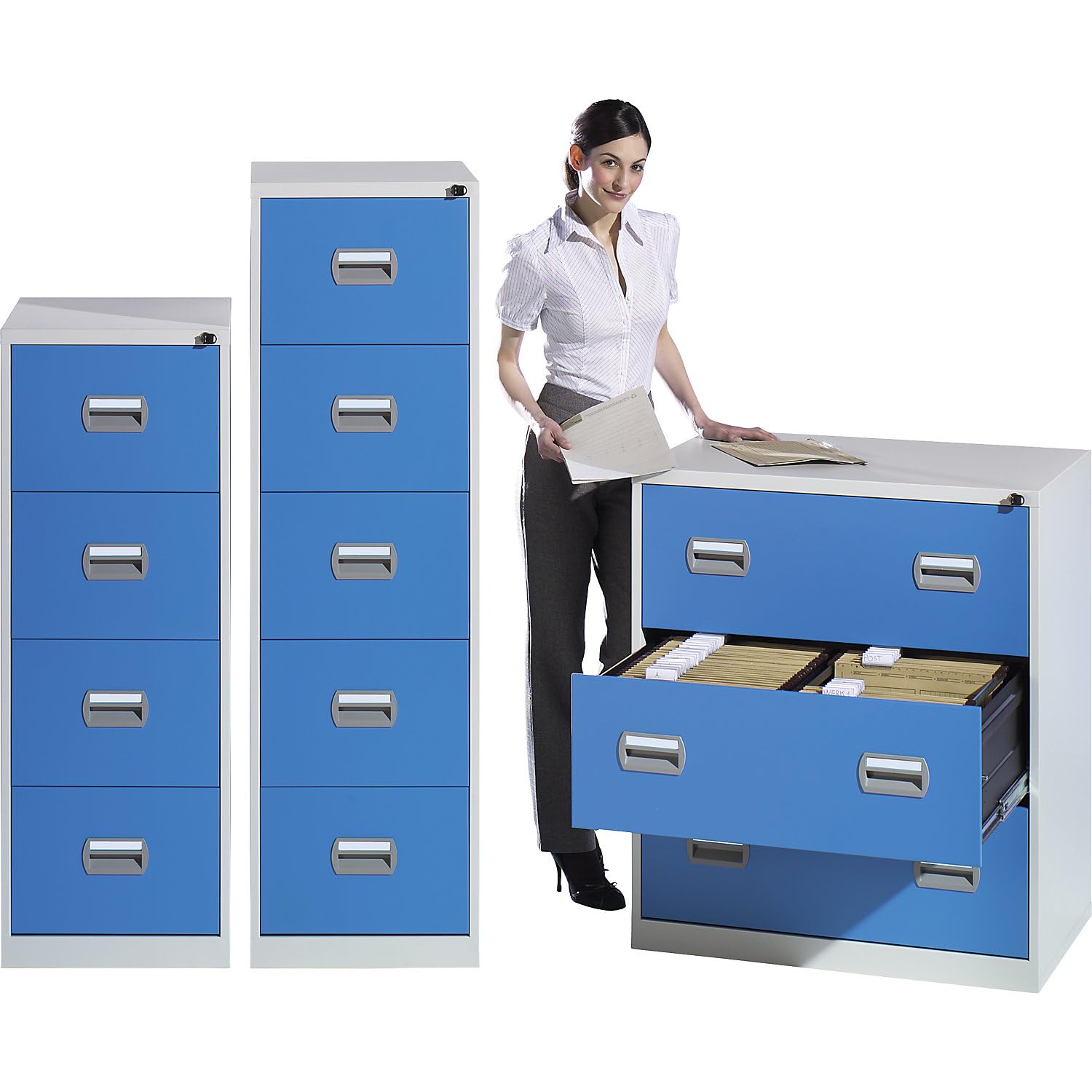 eurokraft basic | Classificatore per cartelle sospese | 2 corsie | 4 cassetti | grigio chiaro / blu chiaro