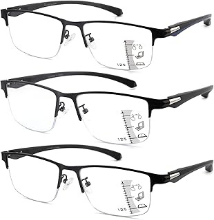 3 Pack Progressive Multifocus Reading Glasses Men Blue Light Blocking Metal Frame Executive style(2.0x)