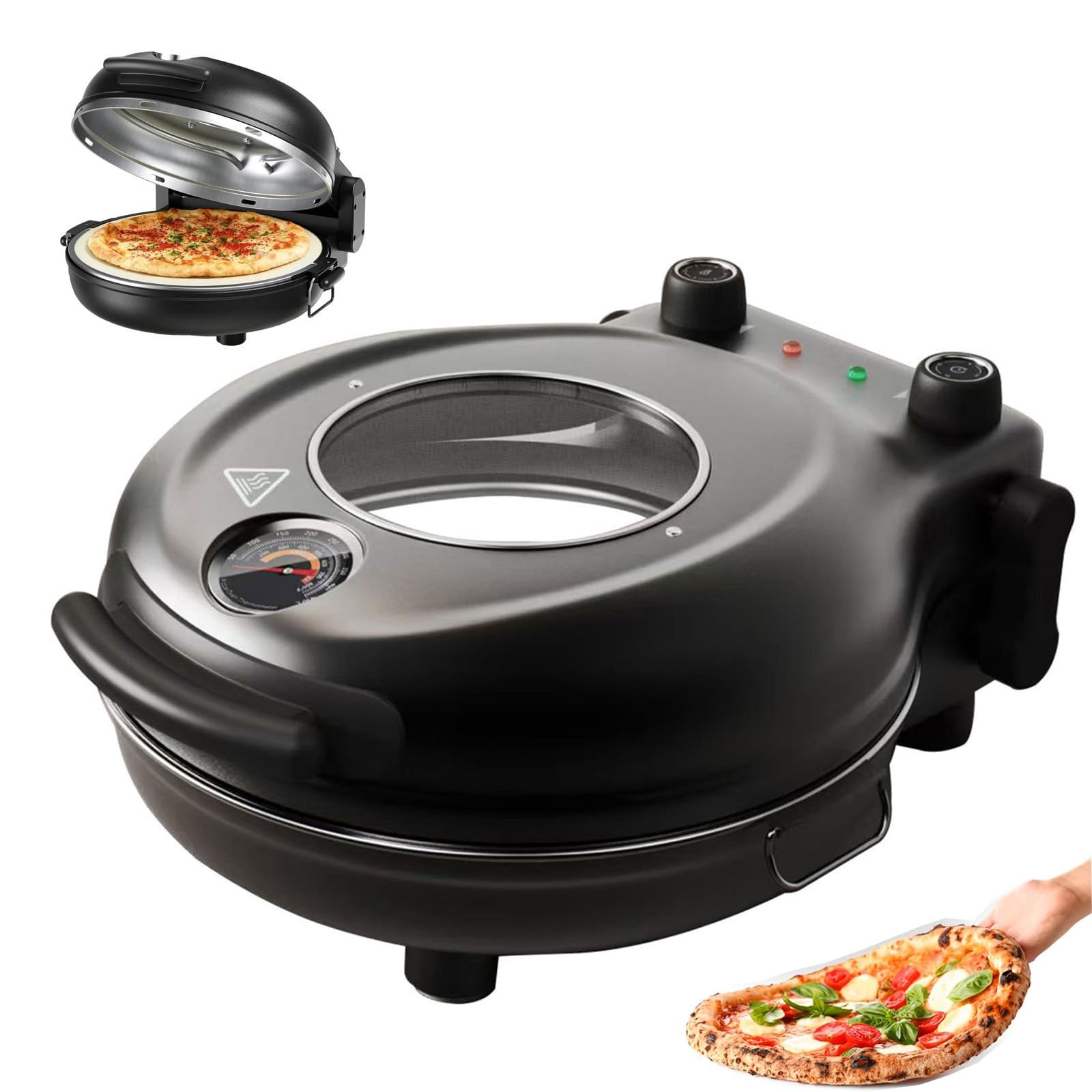 Horno eléctrico de sobremesa para pizza, 1200 W, para interiores, con ventana de cristal, temporizador, control de doble temperatura y capacidad de 12 pulgadas.