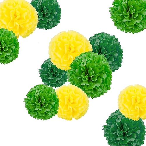 Pompones de papel verde oscuro y verde claro y amarillo bolas de papel de seda para fiestas suministros de decoración para colgar fiestas tamaño de
