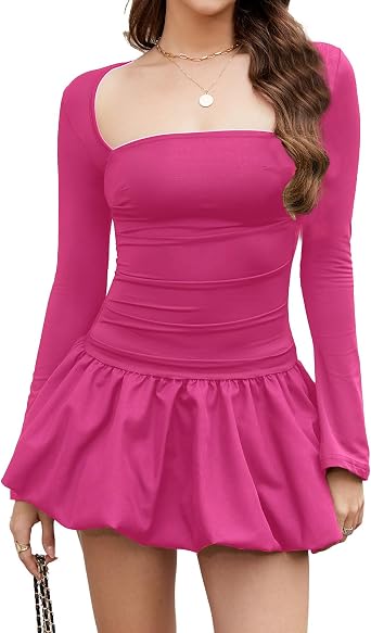 Women Bubble Mini Dress Long Sleeve Square Neck Backless Puffy Skirt Dress Short Formal Dresses