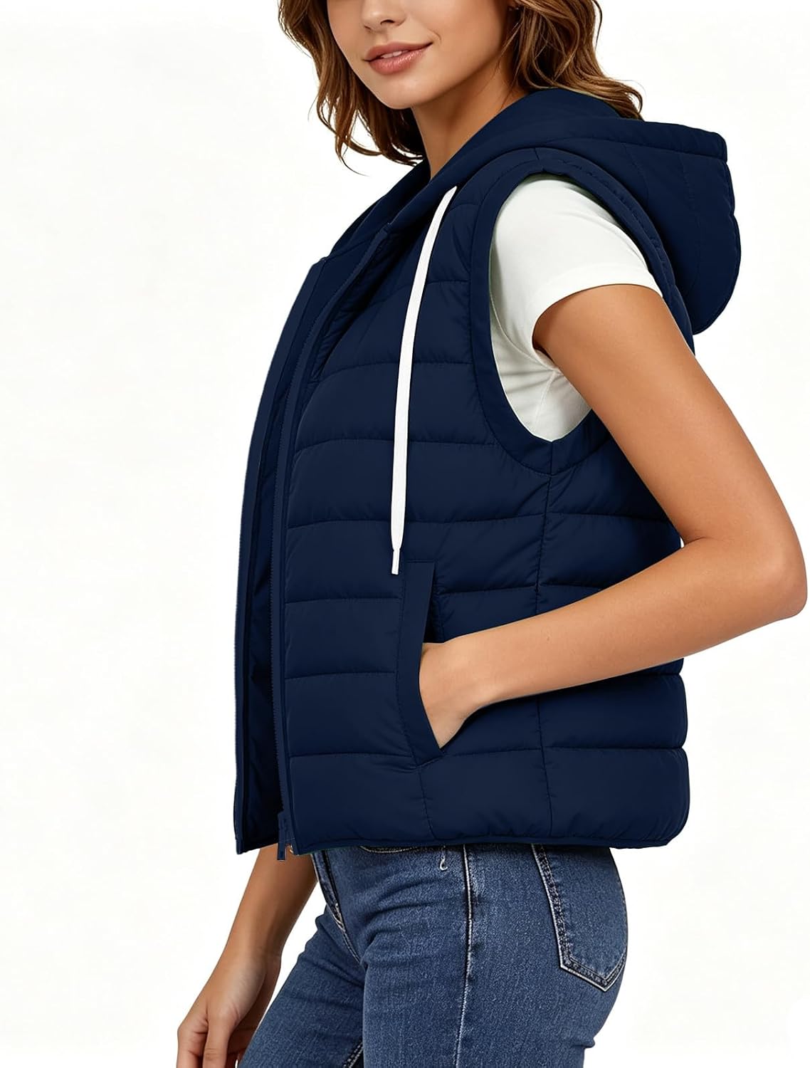 Women's Hooded Puffer Vest Zip Up Warm Drawstring Sleeveless Coat | Warm Fall Jackets Black Vest Women Soft Quilted Long Puffer Jacket Womens Gold For Yellow Plus Size Fashion Outdoor Light