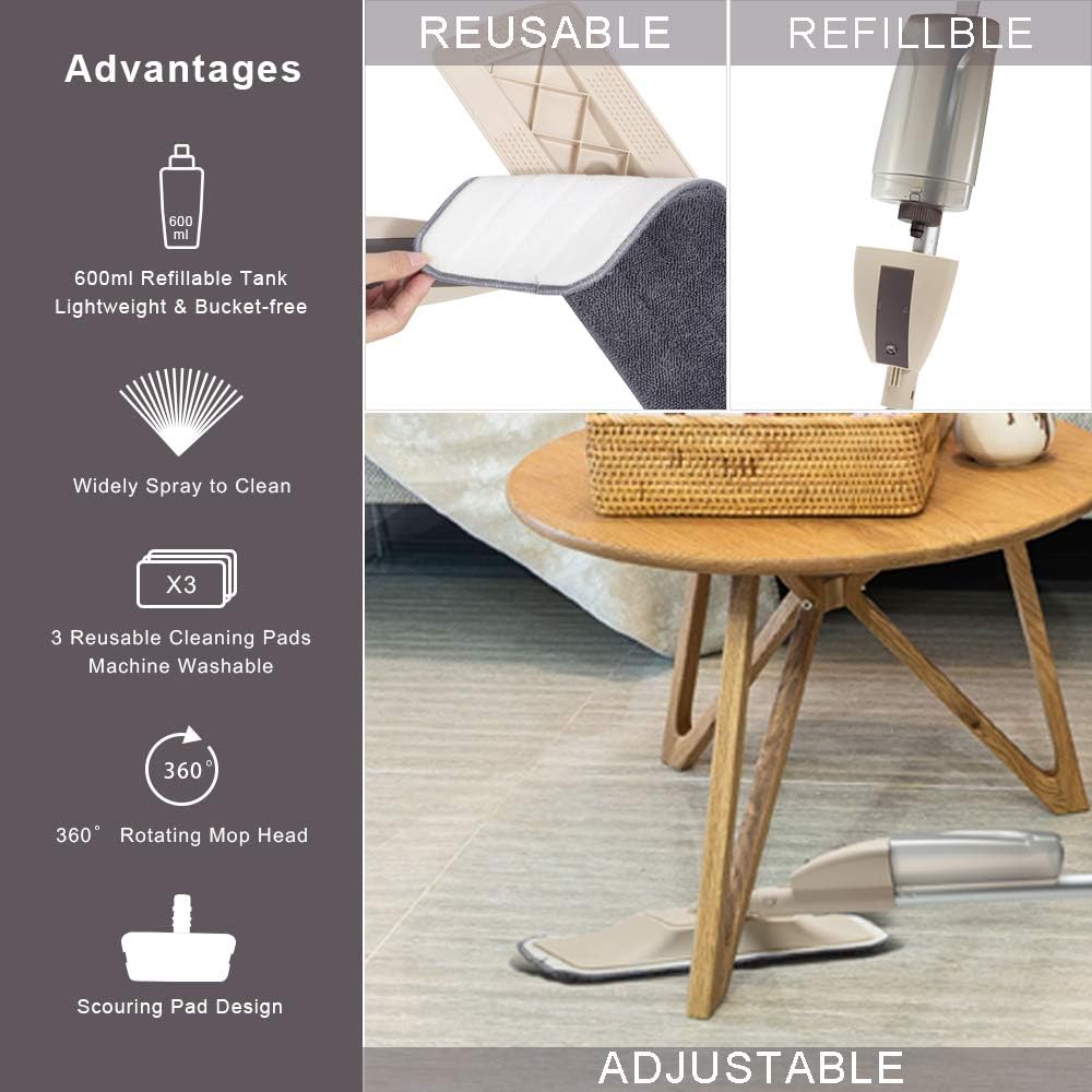 Decorus Hard Floor Mop Spray Mop for Home Kitchen Wood Tile Laminate Ceramic Floor Cleaning Mop Tool with 600ml Refillable Water Tank Include Extra 2 Microfiber Washable Reusable Pads and 1 Scraper