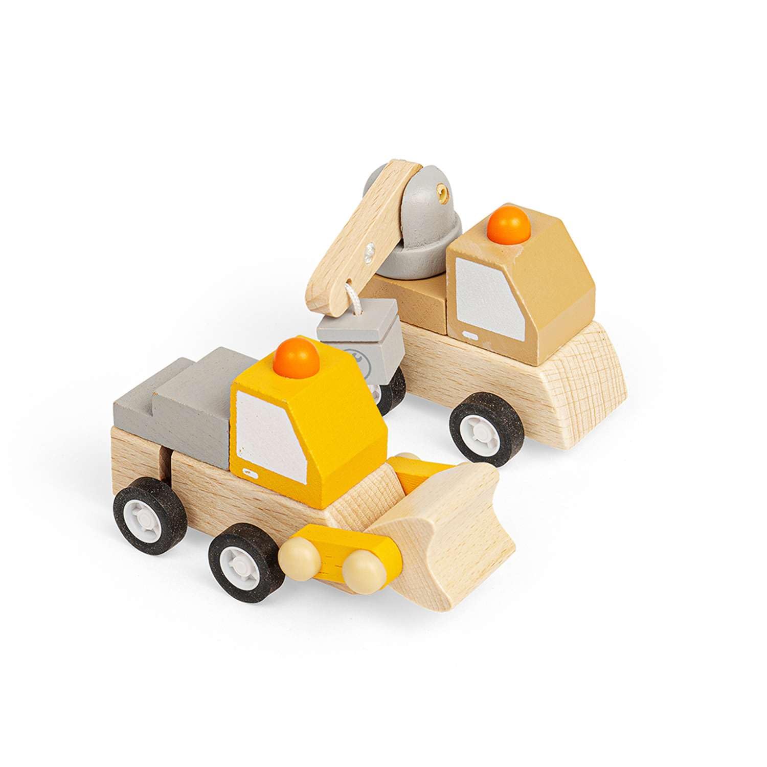 Bigjigs Toys Wind-Up Trucks, Crane & Digger 2 Piece Mini Wooden Truck Set
