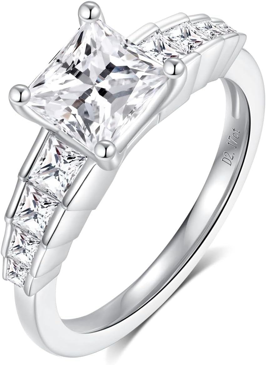 Moissanite Rings For Women Emerald Cut Engagement Ring 18K White Glod Plated S925 Ring Sterling Silver Princess Cut Wedding Ring Jewelry Gift