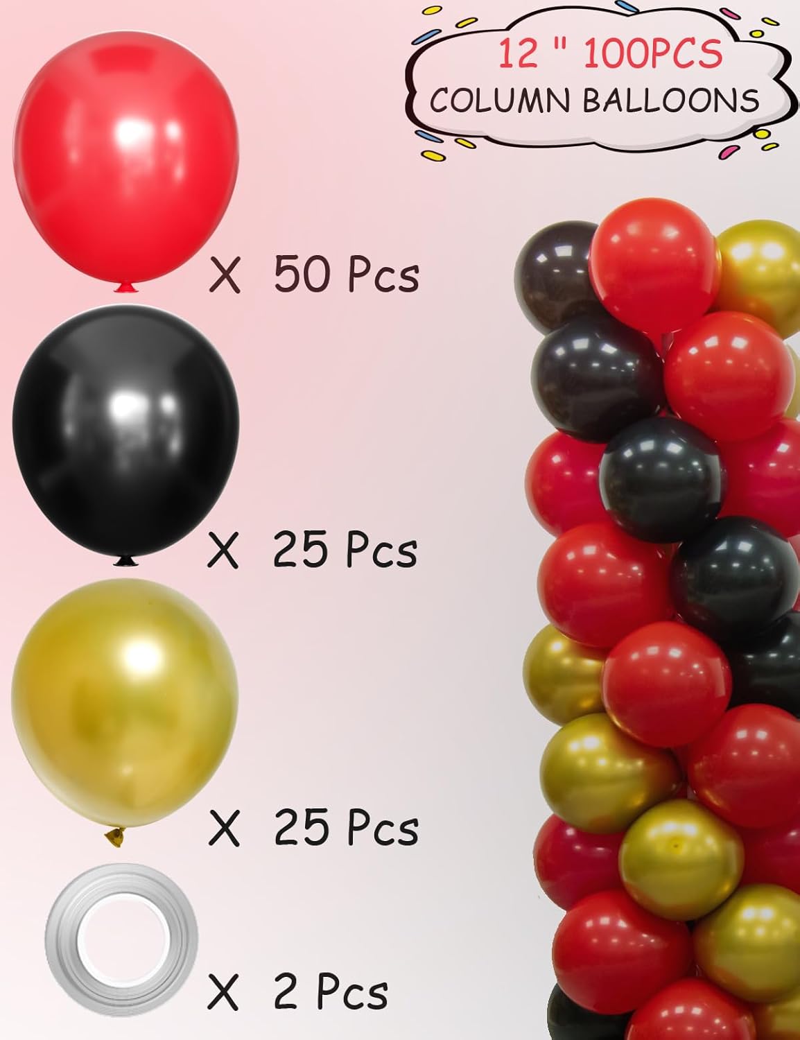 Red Black and Gold Balloons for Column Stand, 100 Pcs 12 Inch Tower Balloons for Wedding Baby Shower Birthday Bachelorette Engagement Anniversary Graduation Party (Balloons Only)