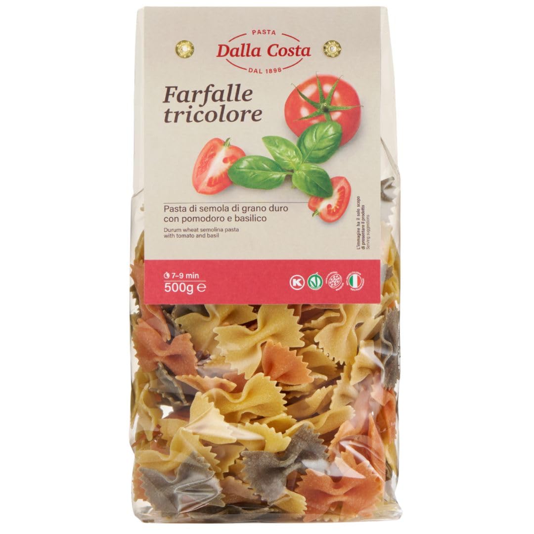 Dalla Costa Farfalle Tricolore con Tomate y Albahaca. Made in Italy. Paquete Ahorro 12x500 gramos