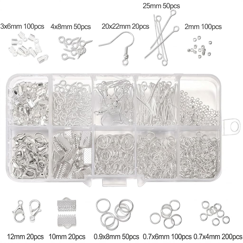 Beadsnfashion Metal Findings Kit, Jewellery Making Metal Findings Kit with Ribbon Clamp Crimps with Loop Head Pins Ribbon Ends for Jewellery Making and Crafts Work