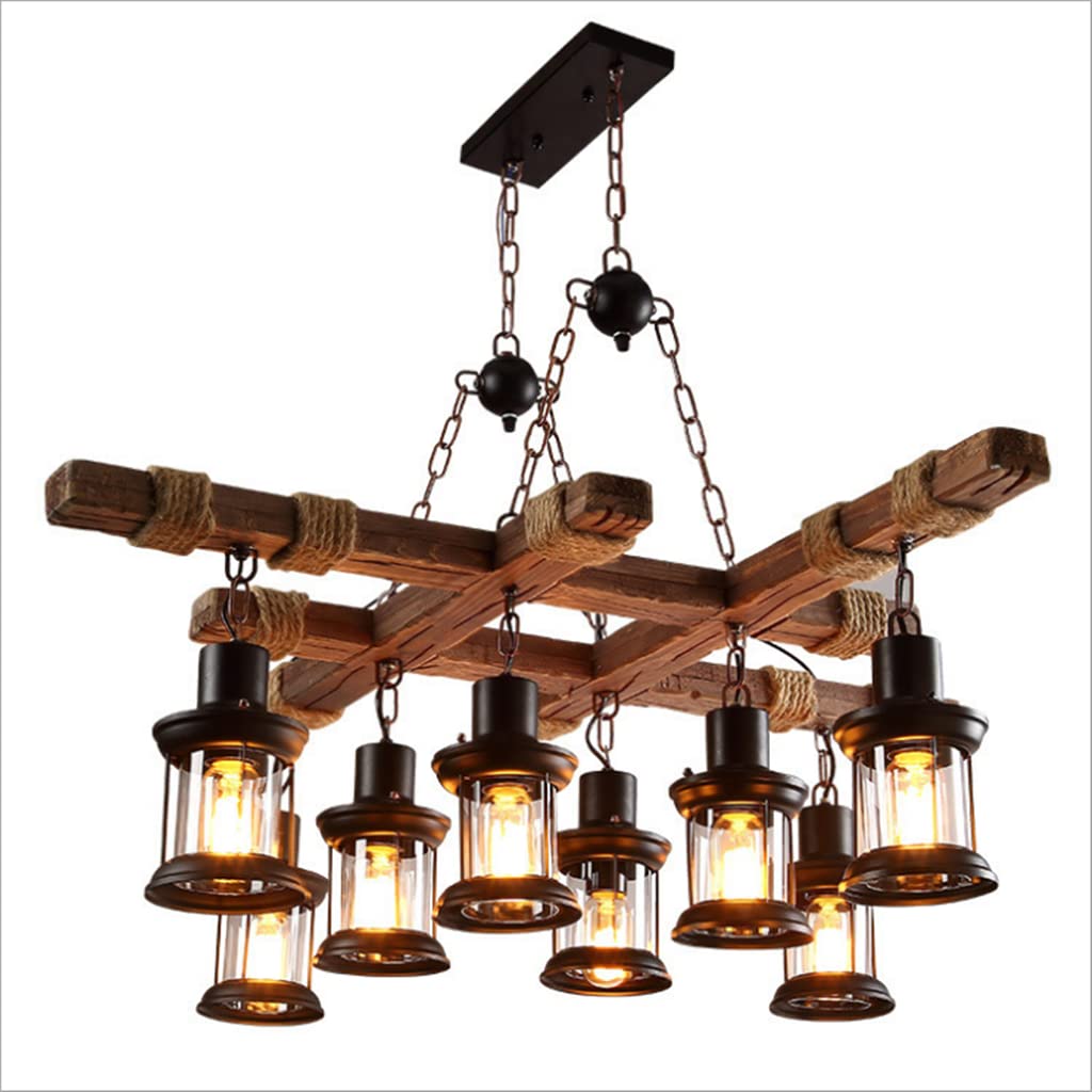 JJXD E27 Retro Pendant Light Wood Vintage Industrial Pendant Lights Metal Height Adjustable Loft Hanging Lighting Living Room Bar Chandelier Dining Room Restaurant Kitchen Bedroom Decorative 8 heads