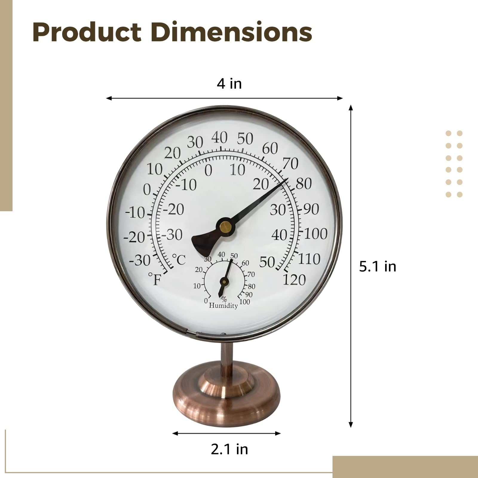 4 Zoll Vintage-Bronze Thermometer-Hygrometer, Tischgerät für Raumtemperatur und Luftfeuchtigkeit, für innen und außen, gut lesbares Zifferblatt mit Celsius und Fahrenheit, batterielos