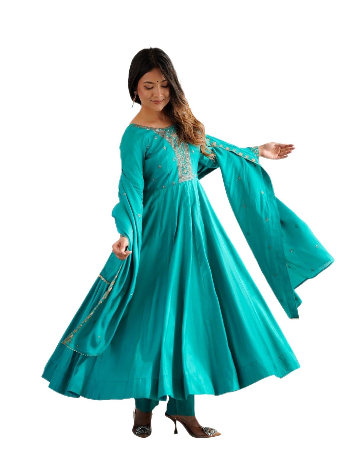 Women's Pure Roman Shimmer Chanderi Silk Anarkali Gown with Pant & Dupatta Set Heavy Handwork Beads Embroidery 4 Mtr Full Flare-image-31