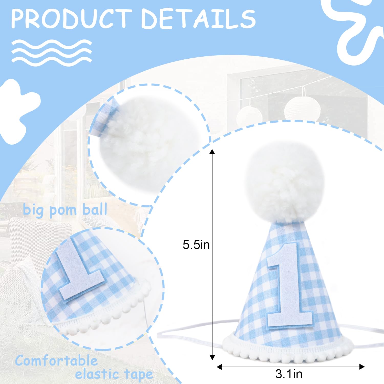 MAMUXI Gingham Style Boy's 1st Birthday Hat - Blue Gingham Patterned Hat for Birthday Parties