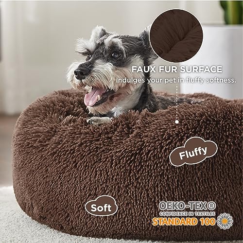 Image of Bedsure Calming Dog Bed for Small Medium Dogs - Donut Washable Medium Pet Bed, 27 inches Anti-Slip Round Fluffy Plush Faux Fur Cat Bed, Coffee