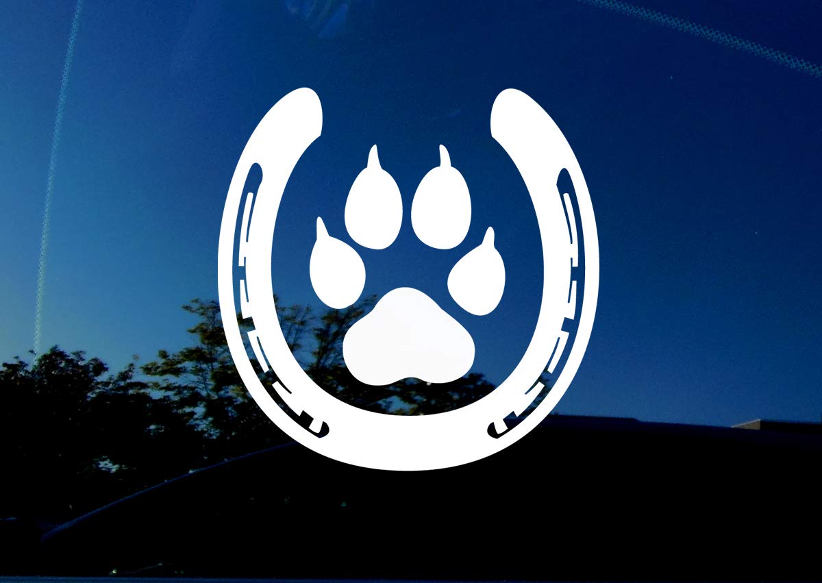 Horse and Dog Lover - PAW Inside Horse Shoe - 5" x 5" inches - Actual Size of Large Dog paw and Horse Shoe - Animal Decal Sticker for car Trailer Truck Window Wall Laptop White.