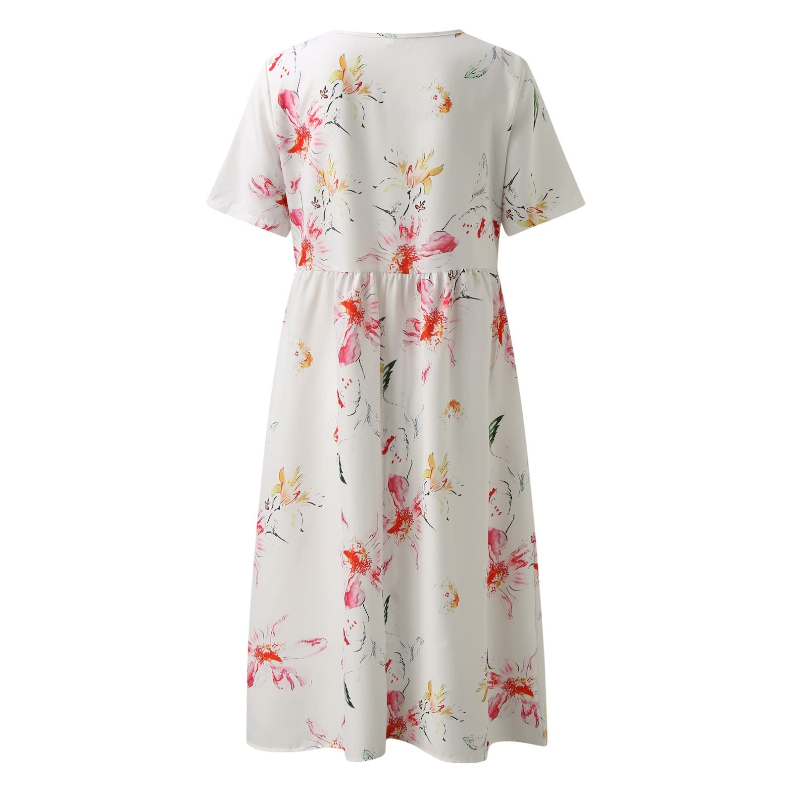 DeaAmyGline Sommerkleid Damen Lang Strandkleid Sommer Boho Kleid Elegant Rundhals Maxikleid Kurzarm Blumen Drucken Tunika Swing Lange Kleider Blusenkleid Partykleid Freizeitkleid