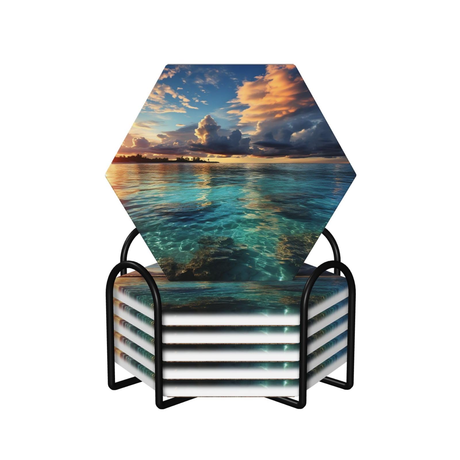 Sous-verres hexagonaux en céramique lot de 6 avec support métal vue mer