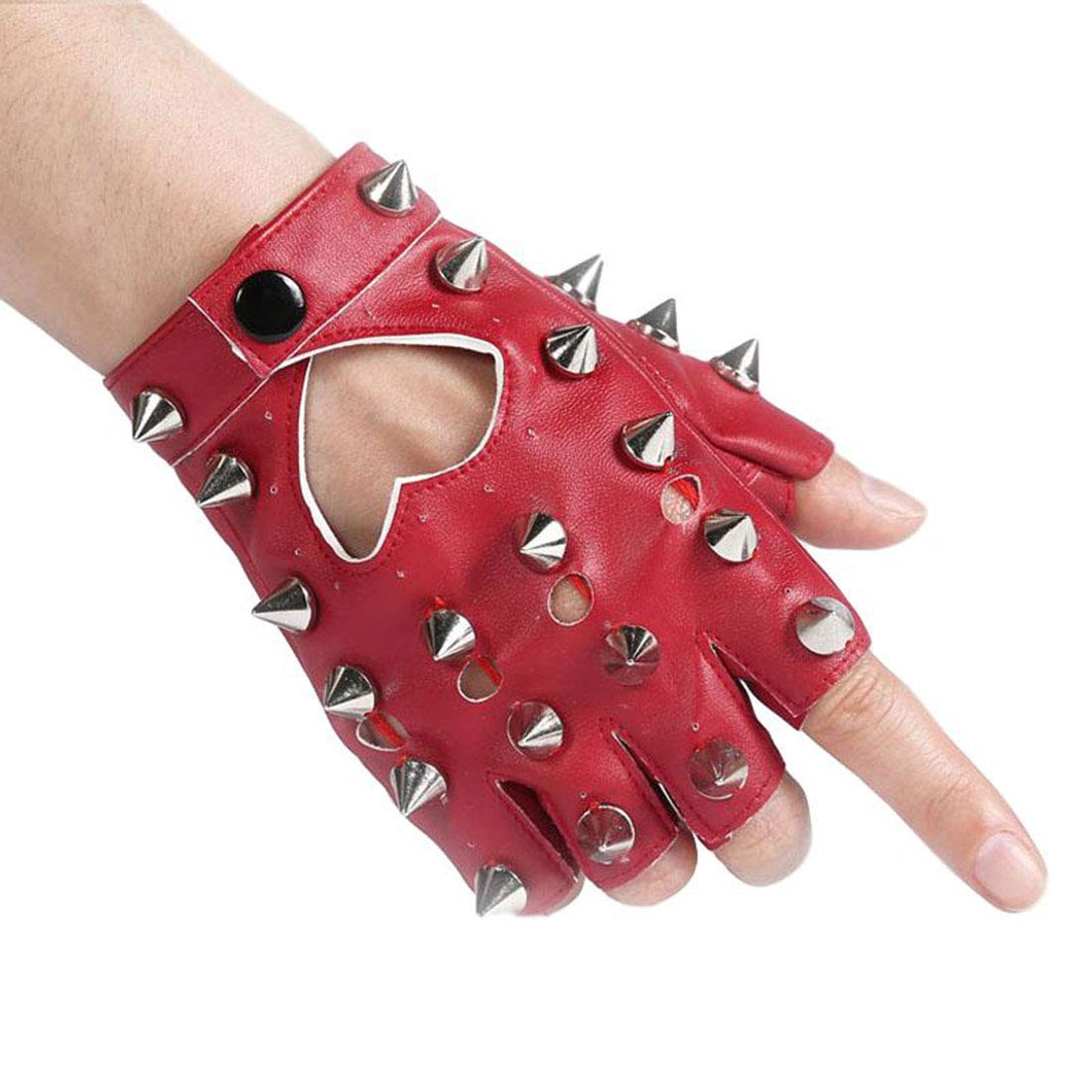 Idopy Unisex Fingerless Dance Glove Party Jazz Studded Rivet PU Leather Gloves Red
