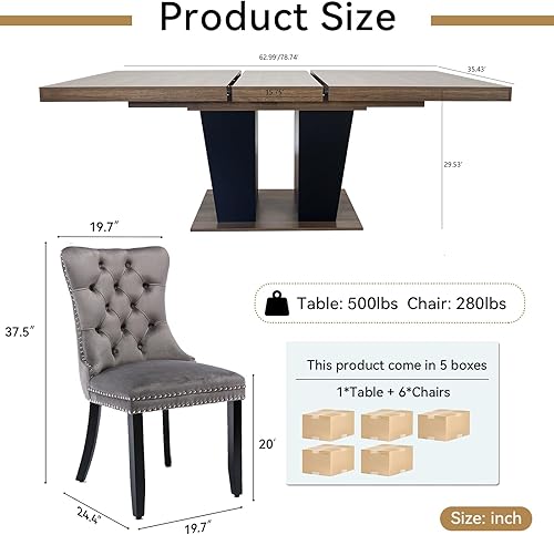 Miniatura 9 de Juego de mesa de comedor extensible de 7 piezas, juego de mesa de comedor extensible de estilo granja para 6, mesa de cocina expandible de madera