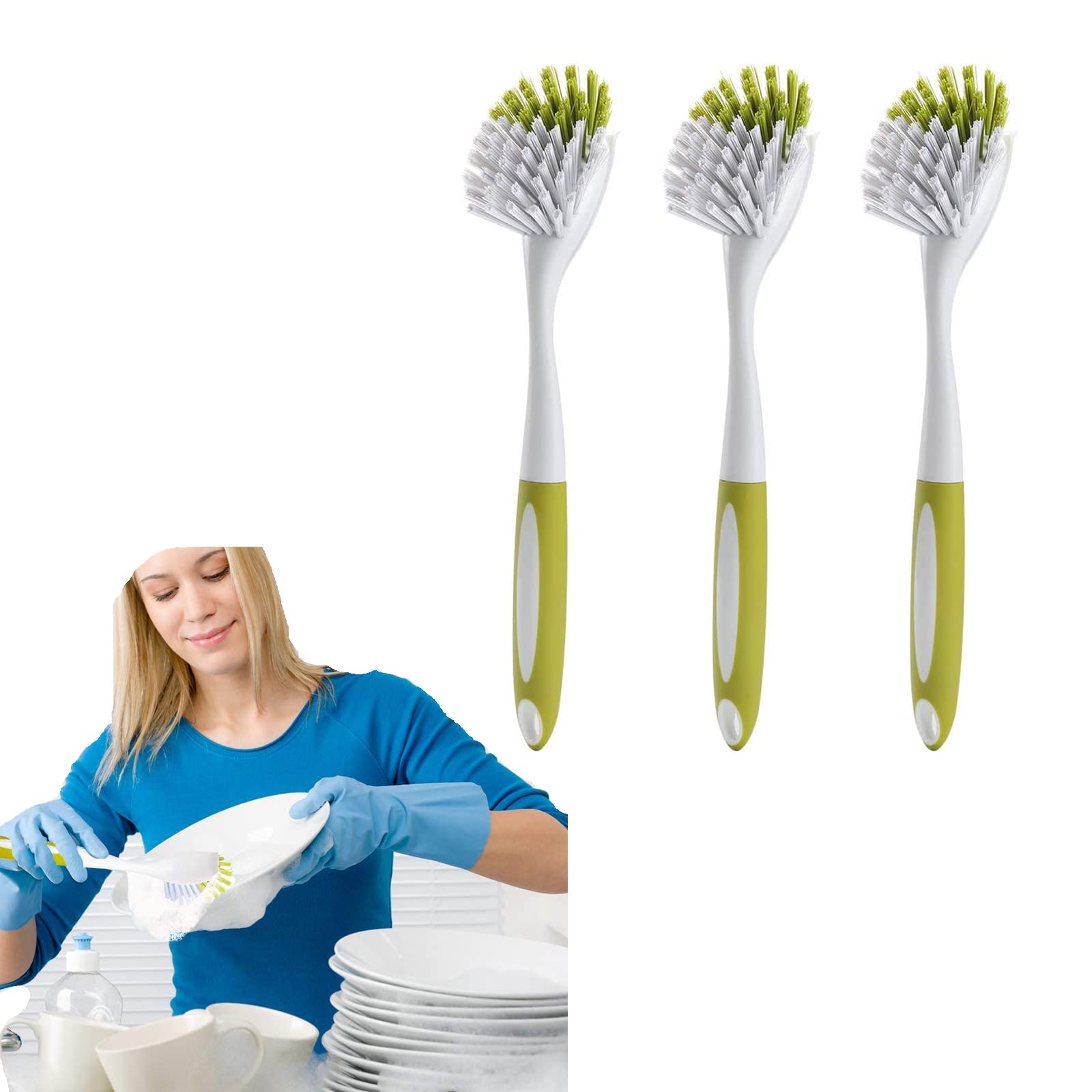 AzoneeDish Brush Set, Scrub Brush for Cleaning, Multi-Purpose Shower Cleaner for Kitchen Sink, Pots, Pans, Bathroom Shower, Tile, Tubs Yellow-Green, 3Pcs