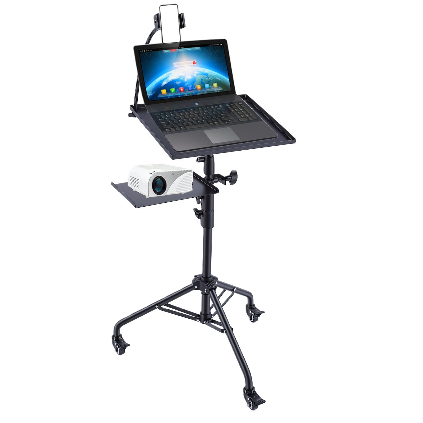 Bewinner Regulowany Statyw do Projektora do Laptopa 28-51,2 Cala, Przenośny Stojak na Kółkach z Kółkami i Uchwytem na Telefon, Stojak Podłogowy ze Stopu Aluminium Projektora, Laptopa, Tabletu, Nut,