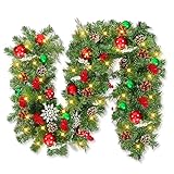 Ceenna 6 ft LED Christmas Garland with Lights, Xmas Garland with Pinecones Berries Red Green Balls, Christmas Decorations for Stairs Mantle Fireplace Front Door, 2 Meters 20 Warm White LED Lights