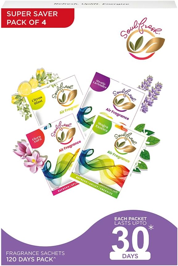 SOULFRESHAir Pocket, Air Freshener- Bathroom and Toilet Fragrance, Lasts Up to 30 days - Assorted (Pack of 4)| Citrus, Lavender, Floral, Mogra Multicolor