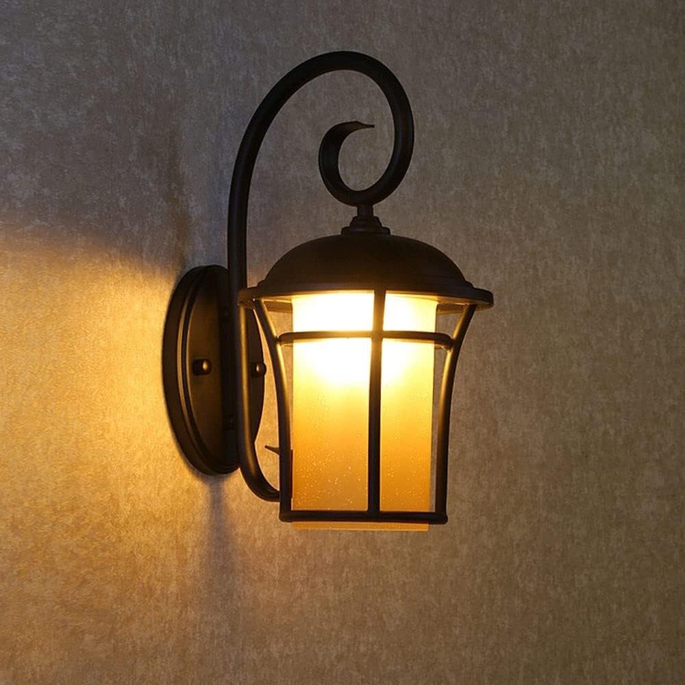 JYBNBBE Retro Industrial Wall Lamp, Black Iron Lantern Sconce with Yellow Glass, Waterproof Outdoor Courtyard Lighting