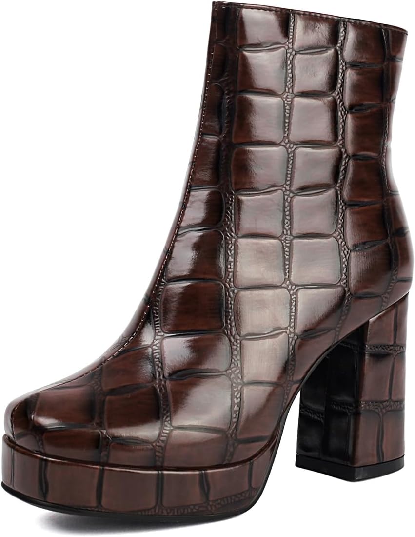 Women's Fashion Chunky High Heel Ankle Boots Zipper Round Toe Platform Winter Fall Dressy Short Bootie