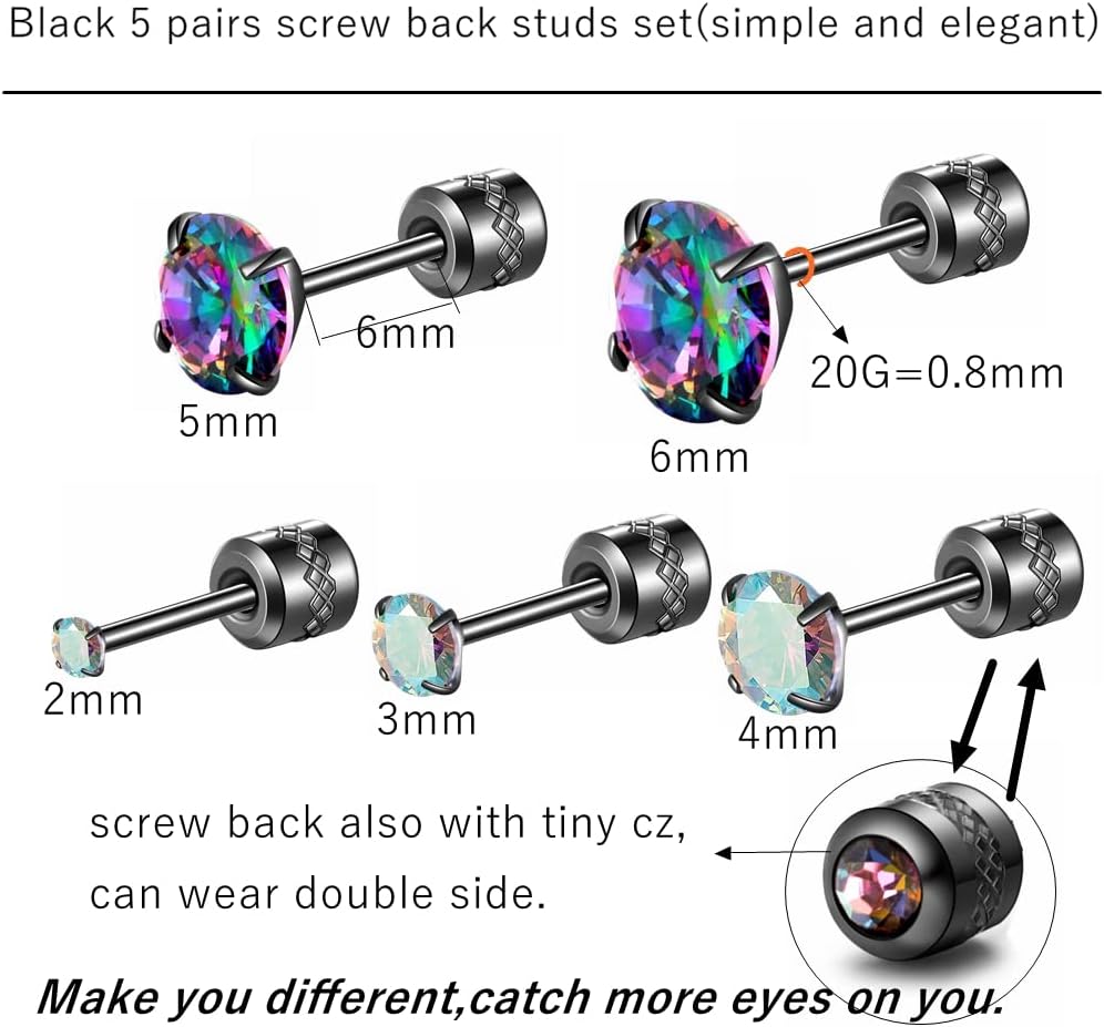 5 pairs Stainless Steel Round CZ Screw Back Earrings Hypoallergenic Flat Back Studs for Sensitive Ears, 20G Cartilage Piercing Ears Set Jewelry for Women Men 2-6mm - Image 2