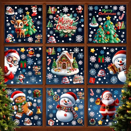 Famoby 10 Sheets 300Pcs Christmas Window Clings Decals Static Window Stickers for Christmas Snowflake Winter Holiday Home Indoor Decorations Windows Décor Christmas Decal Stickers Glass Door Decor