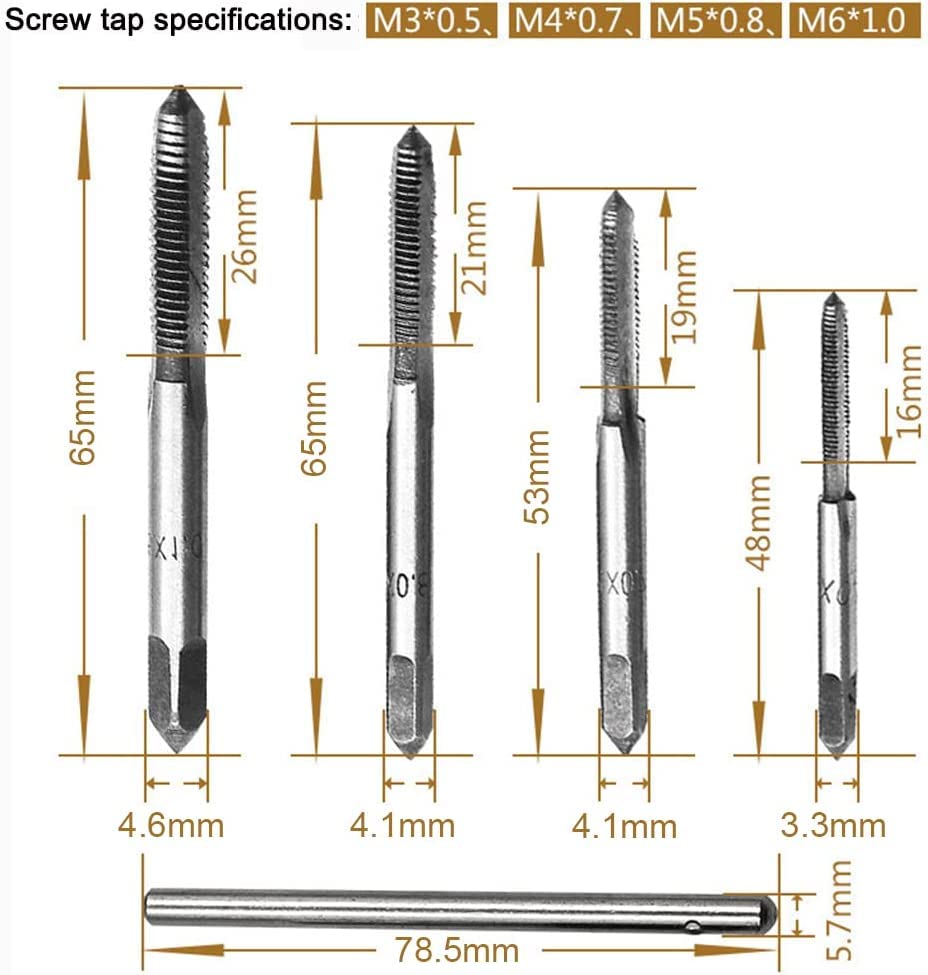 uptodateproducts 9 Pc Adjustable T-Handle Tap Wrench - Tapping Threading Tool Set with 4 Metric Taps (M3-M6), 4 Drill Bits 1