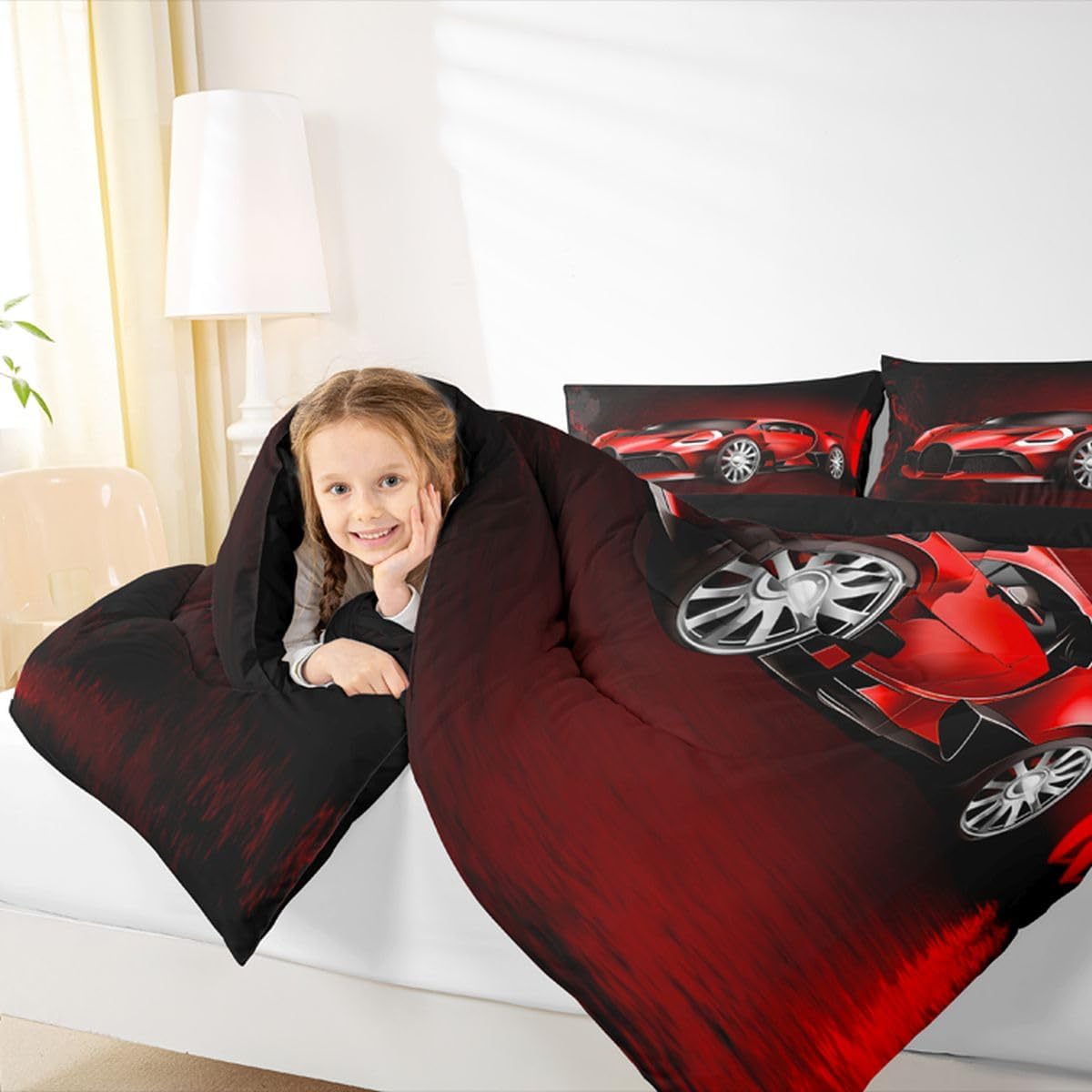 Feelyou Sports Car Comforter Red Race Car Comforter Set for Kids Boys Girls Extreme Sports Theme Bedding Set Cool Speed Luxury Car Decor Quilt Set with 2 Pillowcases 3Pcs Bedding Queen