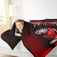 Vista 7 de Feelyou Juego de edredón de coche deportivo, juego de edredón rojo de carreras para niños y niñas, juego de ropa de cama con temática de deportes