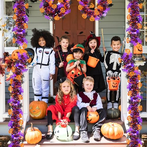 Image of 50 FT Halloween Tinsel Garland, Glitter Tinsel Garlands with Pumpkin Bat Spider, Metallic Holiday Hanging Streamers for Halloween Party Supplies Indoor Outdoor Decoration