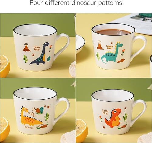 Miniatura 2 de Juego de 4 tazas de cerámica de dinosaurio de 13 onzas, tazas de dinosaurio para regalos, lindas tazas de porcelana de dibujos animados para leche