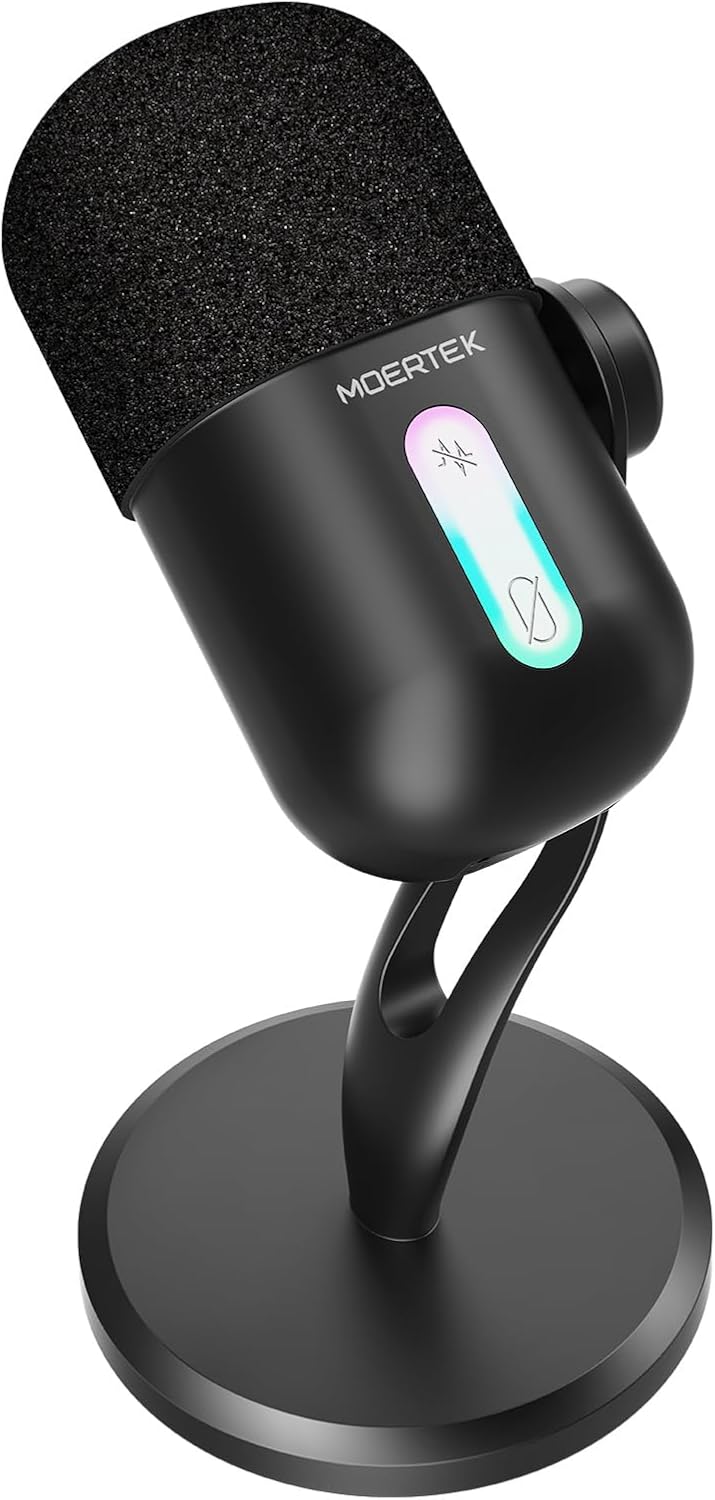 USB Microphone for PC, Cardioid Condenser Microphone with Active Noise Cancellation, Quick Mute, Built-in Headphone Jack, Gaming Mic with Table Stand, for Live Streaming, Instruments, Podcast