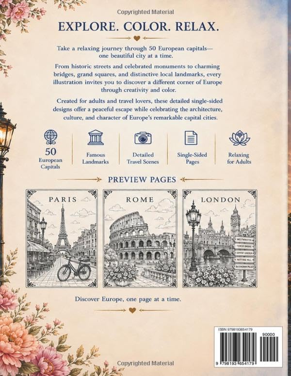 European Capitals Coloring Book for Adults: 50 Iconic Cities, Famous Landmarks and Relaxing Travel Scenes Across Europe image 3